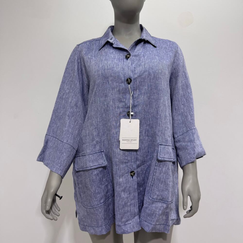 NWT Marina Rinaldi Linen Shirt Jacket Plus US 20 Blue Boho Minimalist Coastal